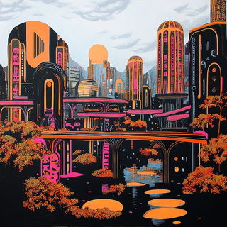 Iridescent Iconoclasm style, Midjourney V6.1: megacity with futuristic bioarchitecture
