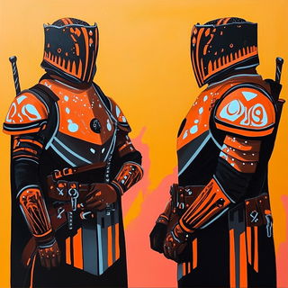 Iridescent Iconoclasm style, Midjourney V6.1: concept art character design of retropunk steam knight