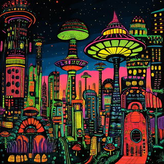 Neonscape Colossage style, Midjourney V6.1: megacity with futuristic bioarchitecture