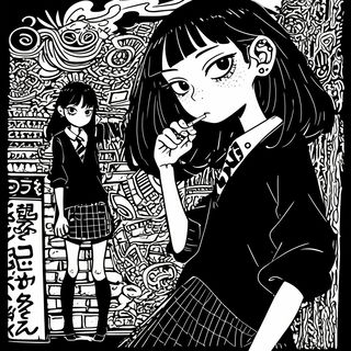 Neonscape Colossage style, Midjourney V6.1: black-and-white manga comic strip
