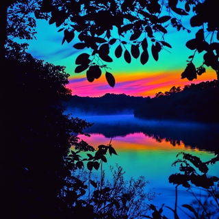 Neonscape Colossage style, Midjourney V6.1: realistic landscape photograph of quiet dawn