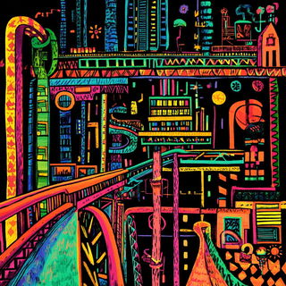 Neonscape Colossage style, Midjourney V6.1: technical infrastructure blueprint schematics
