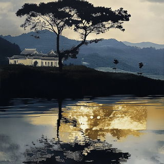 Cinderfume Villagery style, Midjourney V6.1: realistic landscape photograph of quiet dawn