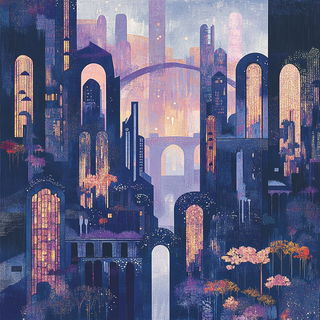 Fluorofauvism style, Midjourney V6.1: megacity with futuristic bioarchitecture