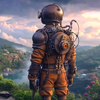 Pondcavatina style, Midjourney V6.1: concept art character design of retropunk steam knight