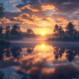 Pondcavatina style, Midjourney V6.1: realistic landscape photograph of quiet dawn