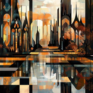 Lunette Lithograph style, Midjourney V6.1: megacity with futuristic bioarchitecture