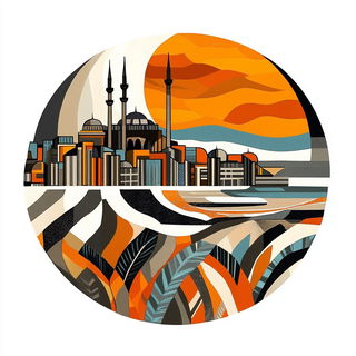 Lunette Lithograph style, Midjourney V6.1: bold minimalist logo design for Istanbul city municipal services