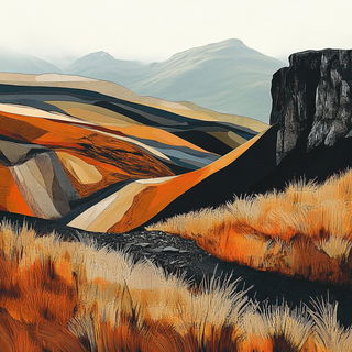 Lunette Lithograph style, Midjourney V6.1: realistic landscape photograph of quiet dawn