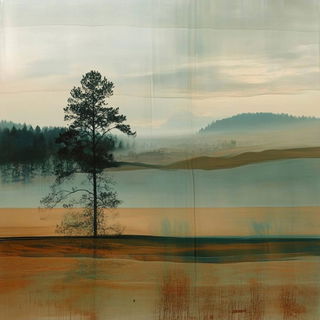 Pelagocel style, Midjourney V6.1: realistic landscape photograph of quiet dawn