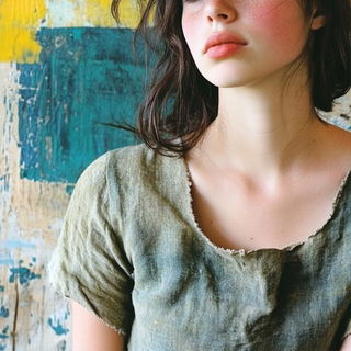 Pinkplate Chorale style, Midjourney V6.1: photographic portrait of female protagonist