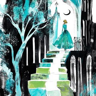 Teal Monumentalia style, Midjourney V6.1: retro fairy-tale illustration