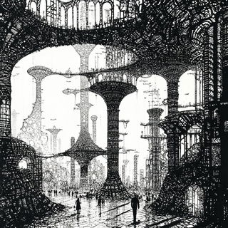 Stipplecinema style, Midjourney V6.1: megacity with futuristic bioarchitecture
