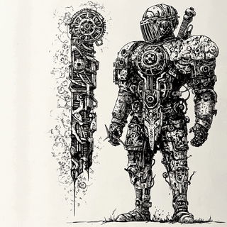 Stipplecinema style, Midjourney V6.1: concept art character design of retropunk steam knight