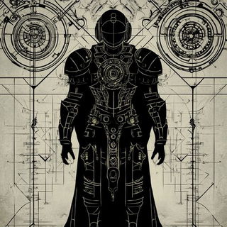 Ruinflorescence style, Midjourney V6.1: concept art character design of retropunk steam knight