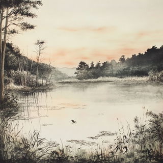 Baroque Balloonism style, Midjourney V6.1: realistic landscape photograph of quiet dawn