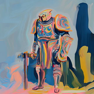 Bleachrock style, Midjourney V6.1: concept art character design of retropunk steam knight