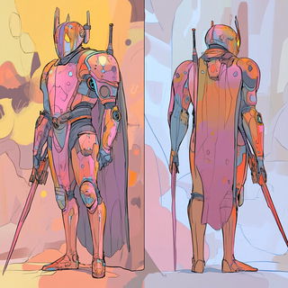 Inkocopy style, Midjourney V6.1: concept art character design of retropunk steam knight