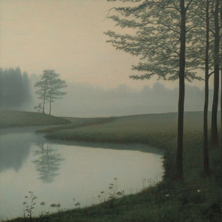Inksplice Collage style, Midjourney V6.1: realistic landscape photograph of quiet dawn