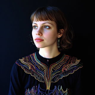 Mythic Geometria style, Midjourney V6.1: photographic portrait of female protagonist
