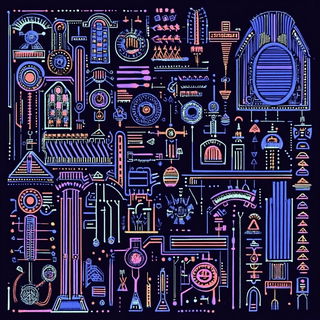 Mythic Geometria style, Midjourney V6.1: technical infrastructure blueprint schematics