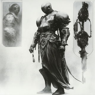 Chlorofiligree style, Midjourney V6.1: concept art character design of retropunk steam knight