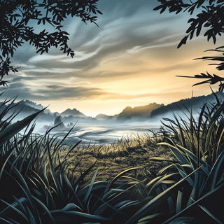 Crestcut style, Midjourney V6.1: realistic landscape photograph of quiet dawn
