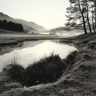 Cairnwork style, Midjourney V6.1: realistic landscape photograph of quiet dawn