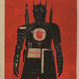 Triangular Chromapatch style, Midjourney V6.1: concept art character design of retropunk steam knight