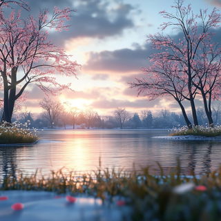 Celpaint Menagerie style, Midjourney V6.1: realistic landscape photograph of quiet dawn