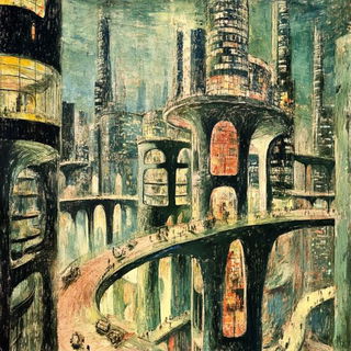 Palimask style, Midjourney V6.1: megacity with futuristic bioarchitecture