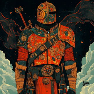 Citadel of Flat Light style, Midjourney V6.1: concept art character design of retropunk steam knight