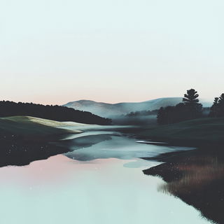 Mushroom Hatching style, Midjourney V6.1: realistic landscape photograph of quiet dawn
