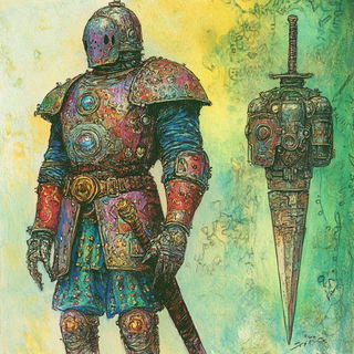 Coleoptera Gridwork style, Midjourney V6.1: concept art character design of retropunk steam knight