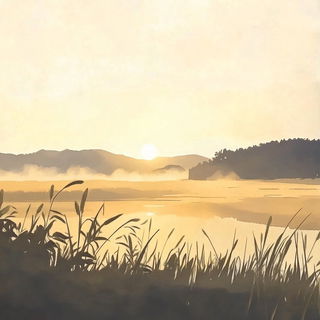 Hatchbone style, Midjourney V6.1: realistic landscape photograph of quiet dawn