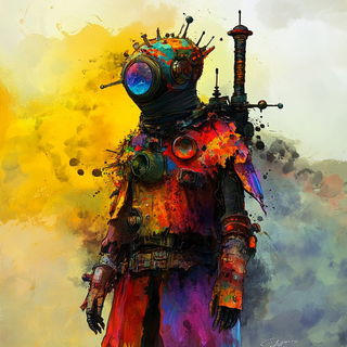 Atelier Halftone Kestrel style, Midjourney V6.1: concept art character design of retropunk steam knight