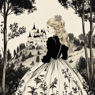 Gothic Squallography style, Midjourney V6.1: retro fairy-tale illustration