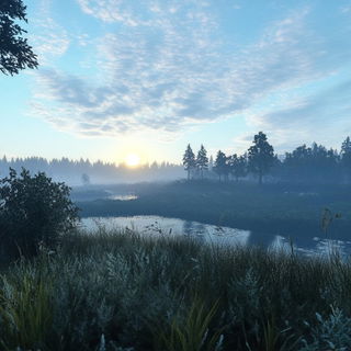 Ornamentomachia style, Midjourney V6.1: realistic landscape photograph of quiet dawn