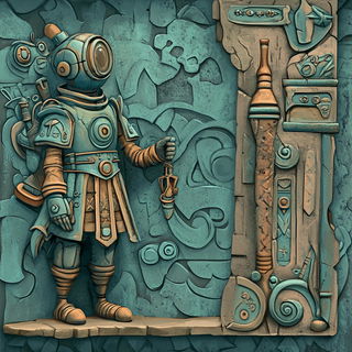Scenomech style, Midjourney V6.1: concept art character design of retropunk steam knight