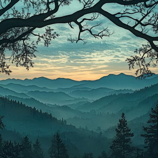 Scenomech style, Midjourney V6.1: realistic landscape photograph of quiet dawn