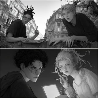 Autumnal Goggleschool style, Midjourney V6.1: black-and-white manga comic strip