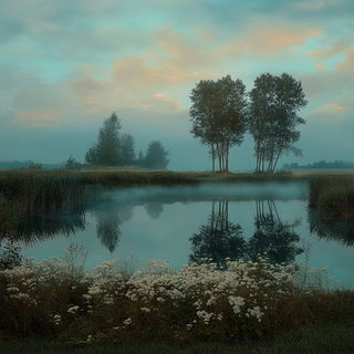 Autumnal Goggleschool style, Midjourney V6.1: realistic landscape photograph of quiet dawn