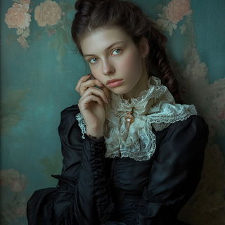 Autumnal Goggleschool style, Midjourney V6.1: photographic portrait of female protagonist