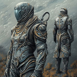 Aurorafrost style, Midjourney V6.1: concept art character design of retropunk steam knight