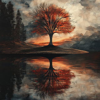 Catastrophlantern style, Midjourney V6.1: realistic landscape photograph of quiet dawn