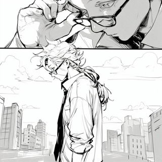 Ammonite Line Choir style, Midjourney V6.1: black-and-white manga comic strip