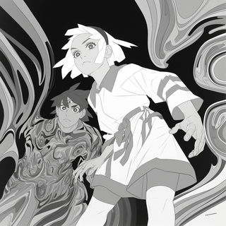 Giltless Wayfinding style, Midjourney V6.1: black-and-white manga comic strip