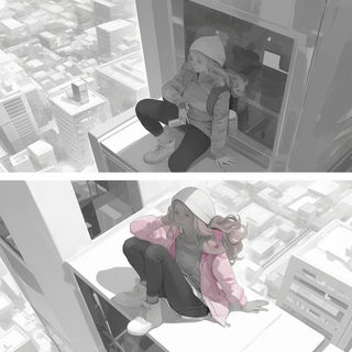 Vanishing Prism style, Midjourney V6.1: black-and-white manga comic strip