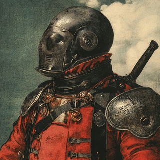 Brocadocosm style, Midjourney V6.1: concept art character design of retropunk steam knight