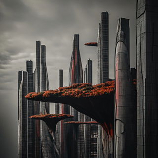 Chromafrontier style, Midjourney V6.1: megacity with futuristic bioarchitecture